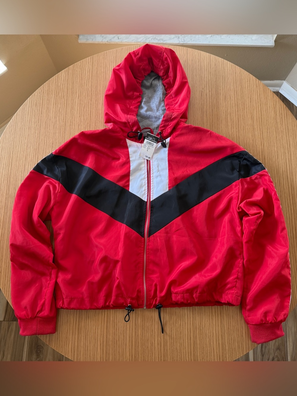 rue21 Red and White Hooded Windbreaker with Black Drawcords
